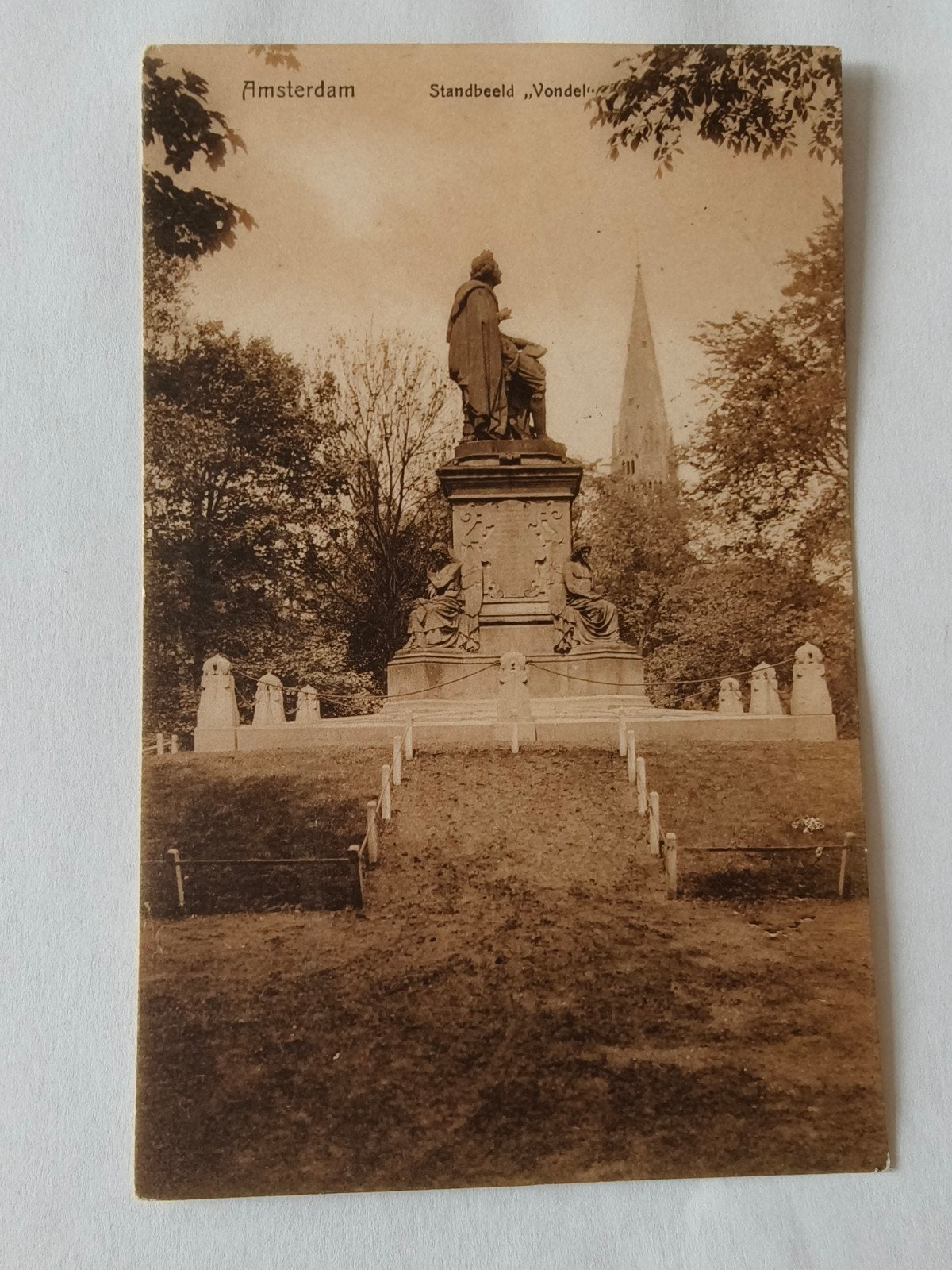 Antieke ansichtkaart Standbeeld Vondel, Ophalen, Voor 1920, Gelopen, Noord-Holland