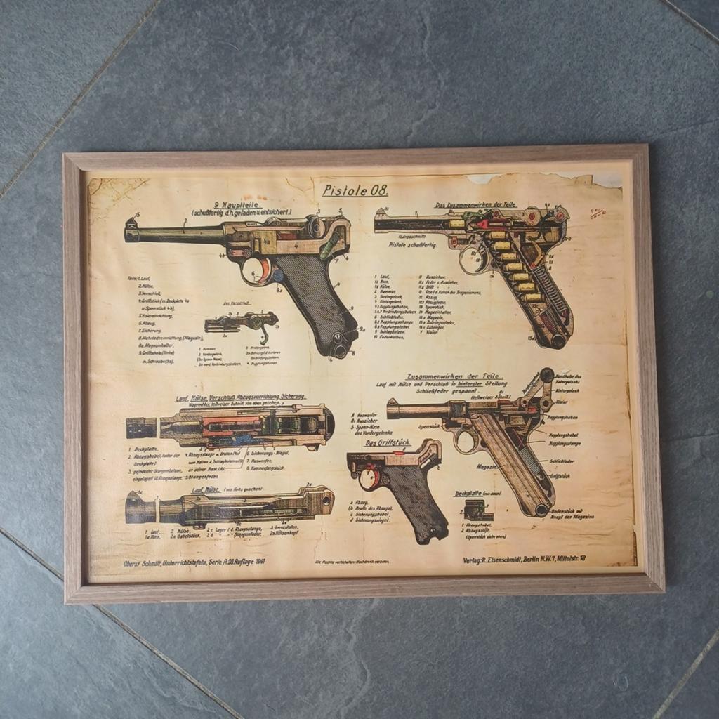 Vintage Prent Pistole 08 Luger - Historische Wapentekening, Verzamelen, Militaria | Tweede Wereldoorlog, Ophalen of Verzenden