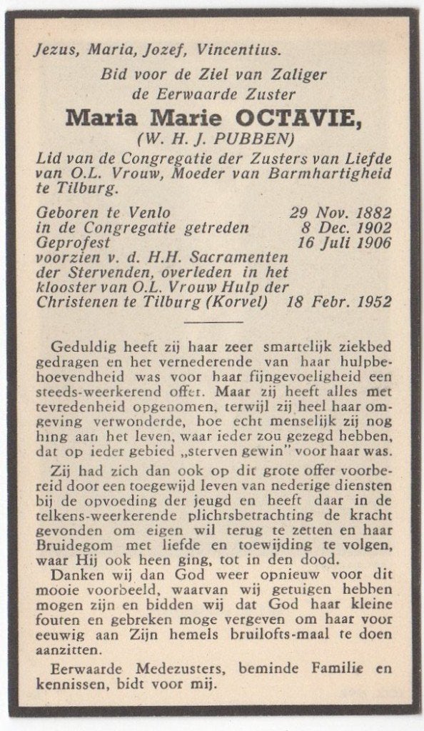 zr. Wilhelmina H.J. Pubben 1882 Venlo + 1952 Tilburg, 69 jr, Verzamelen, Bidprentjes en Rouwkaarten, Verzenden