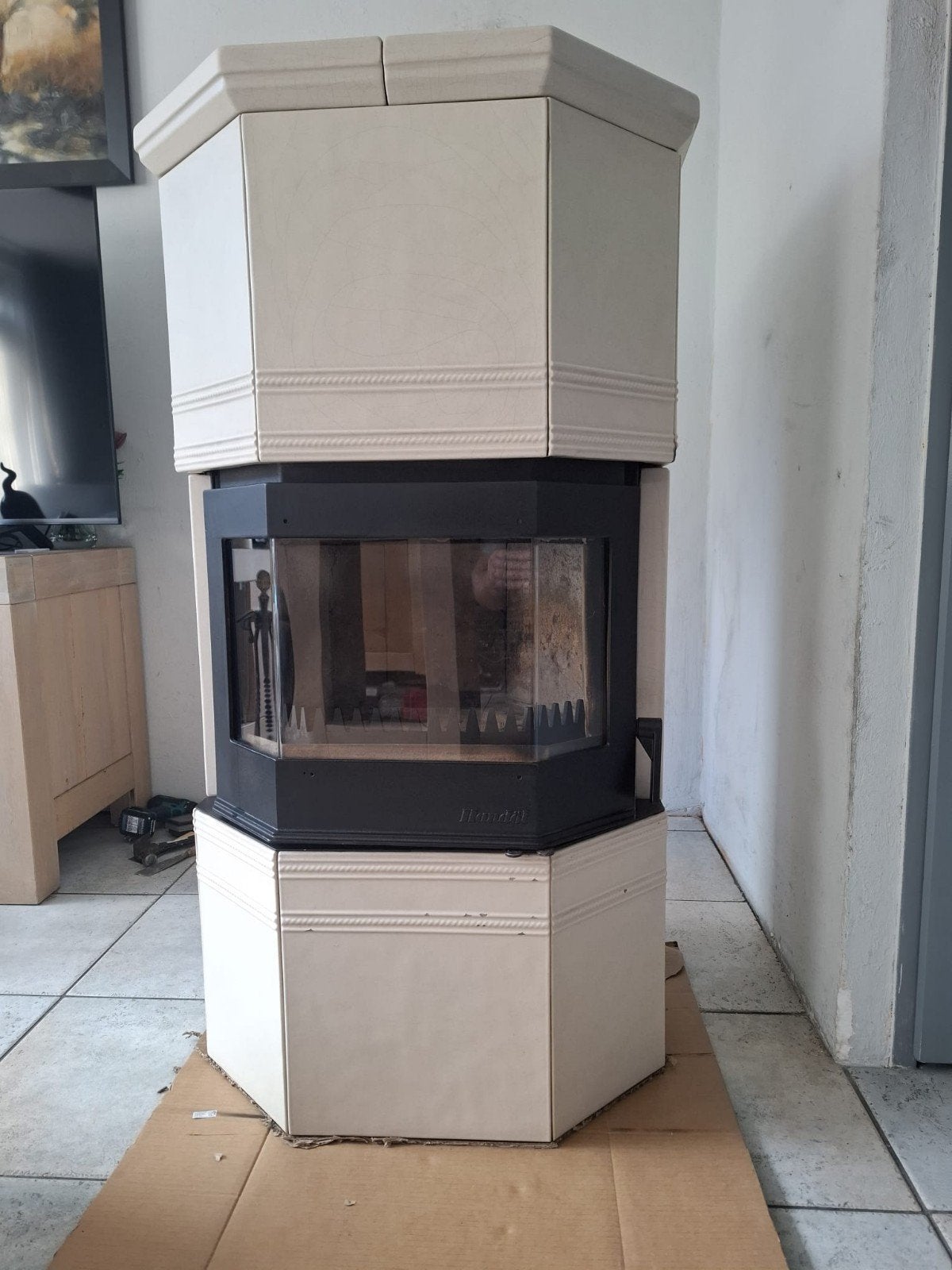 speksteenkachel 8kw, H124xb69,57,5, kleur gebr wit/ecru, Ophalen, Gebruikt, Hout, Houtkachel