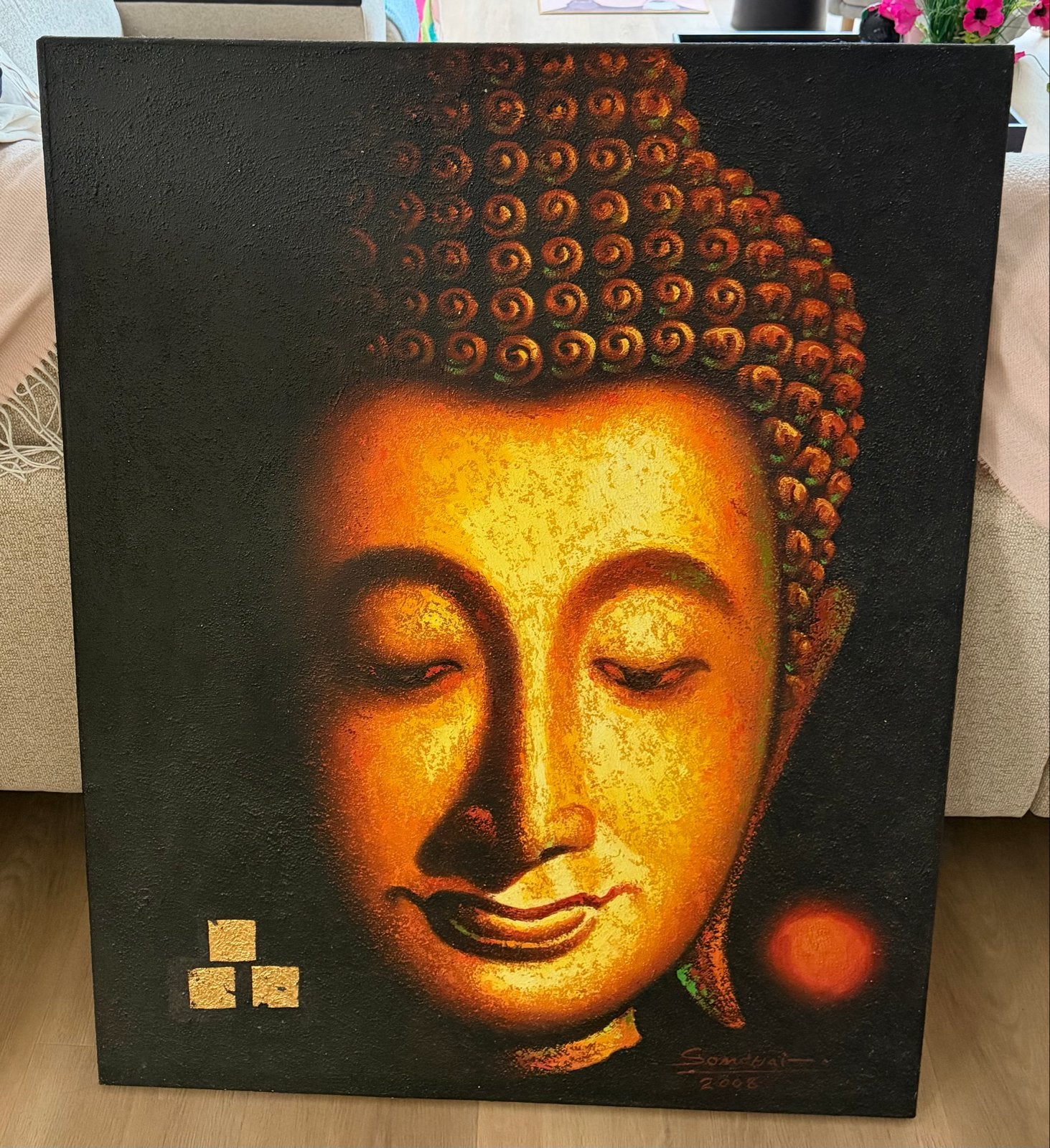 Prachtig Boeddha Schilderij uit Bangkok, 80x100.5cm, Ophalen, Acrylverf, Overig onderwerp, Handgeschilderd