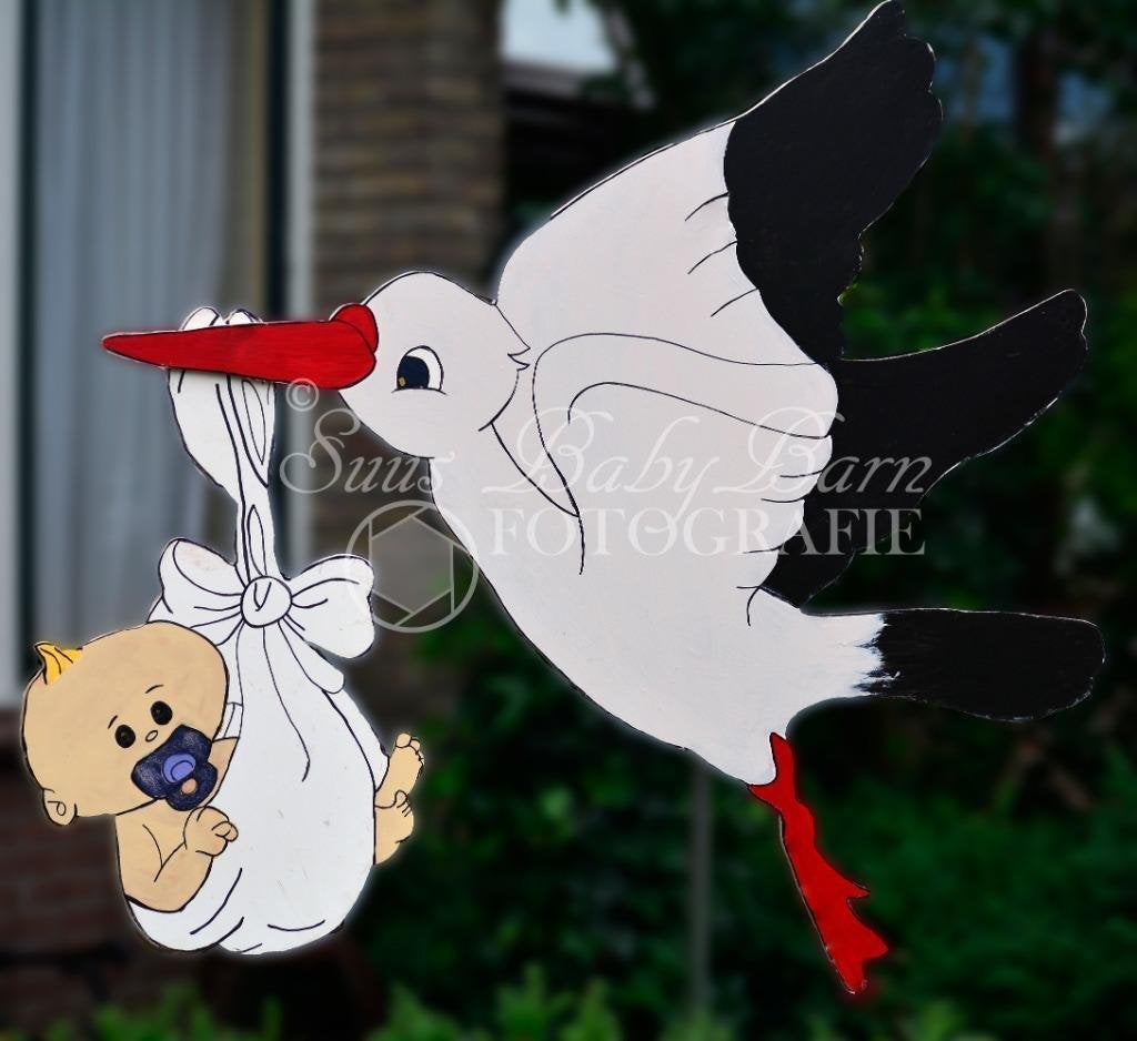 Geboortebord Geboorte Ooievaar met Baby Jongen., Kinderen en Baby's, Ophalen of Verzenden, Zo goed als nieuw, Geboortebord