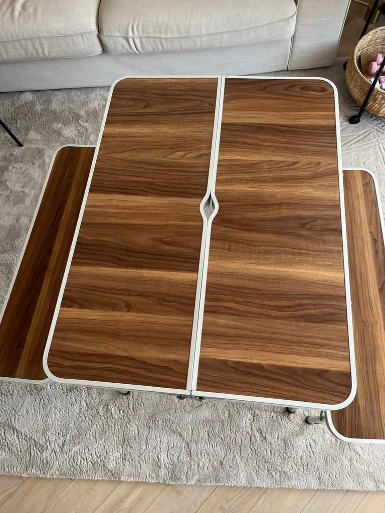 Retro campingtafel met 2 bankjes - opklapbaar, Ophalen, Gebruikt, Campingtafel