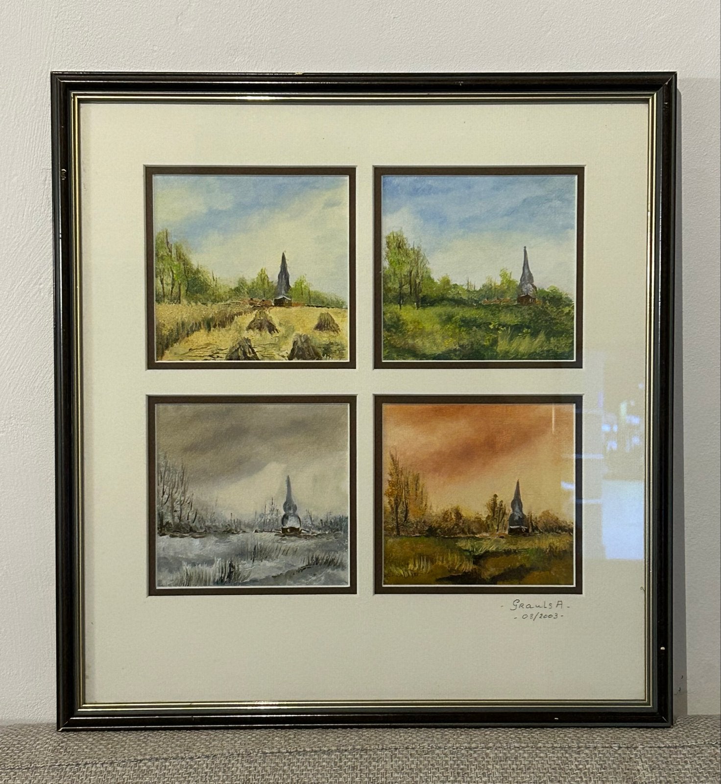 Handgeschilderde vier seizoenen (35 x 37 cm) van Grauts, Paneel, Realistisch, Ophalen of Verzenden, Olieverf