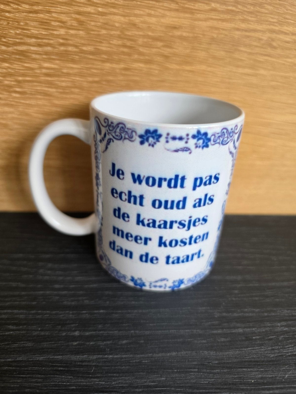 Mok met grappige tekst - Delfts blauw design, Overige typen, Ophalen of Verzenden, Zo goed als nieuw, Steen/keramiek