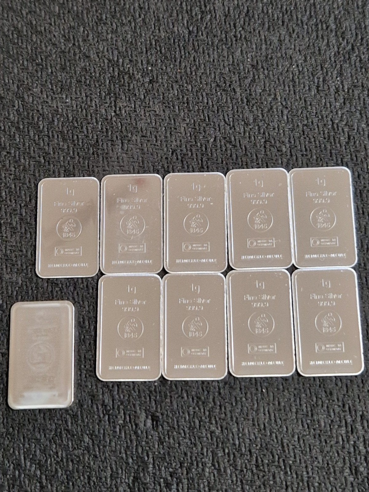 10x 1 gram Heimerle + Meule Zilveren Baartjes 999 zilver, Ophalen of Verzenden, Zilver