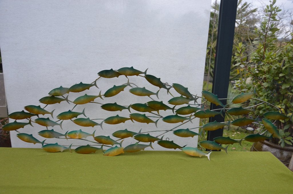 Wanddecoratie wandsculptuur metalen school van vissen 147 cm, Tuin en Terras, Tuinwanddecoratie, Ophalen of Verzenden, Zo goed als nieuw