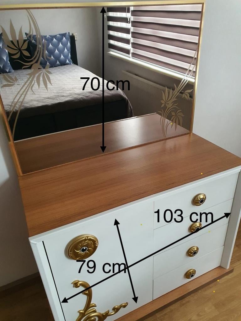 Commode met spiegel - Wit met goudkleurige details, Huis en Inrichting, Kasten | Ladekasten, Overige houtsoorten, 100 tot 150 cm