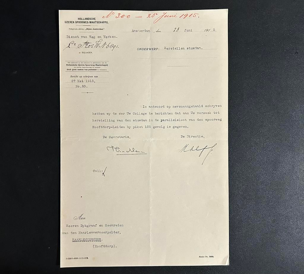 Brief HIJSM over werkzaamheden sloot Haarlemmermmeer (1915), Verzamelen, Ophalen of Verzenden, Gebruikt, Trein