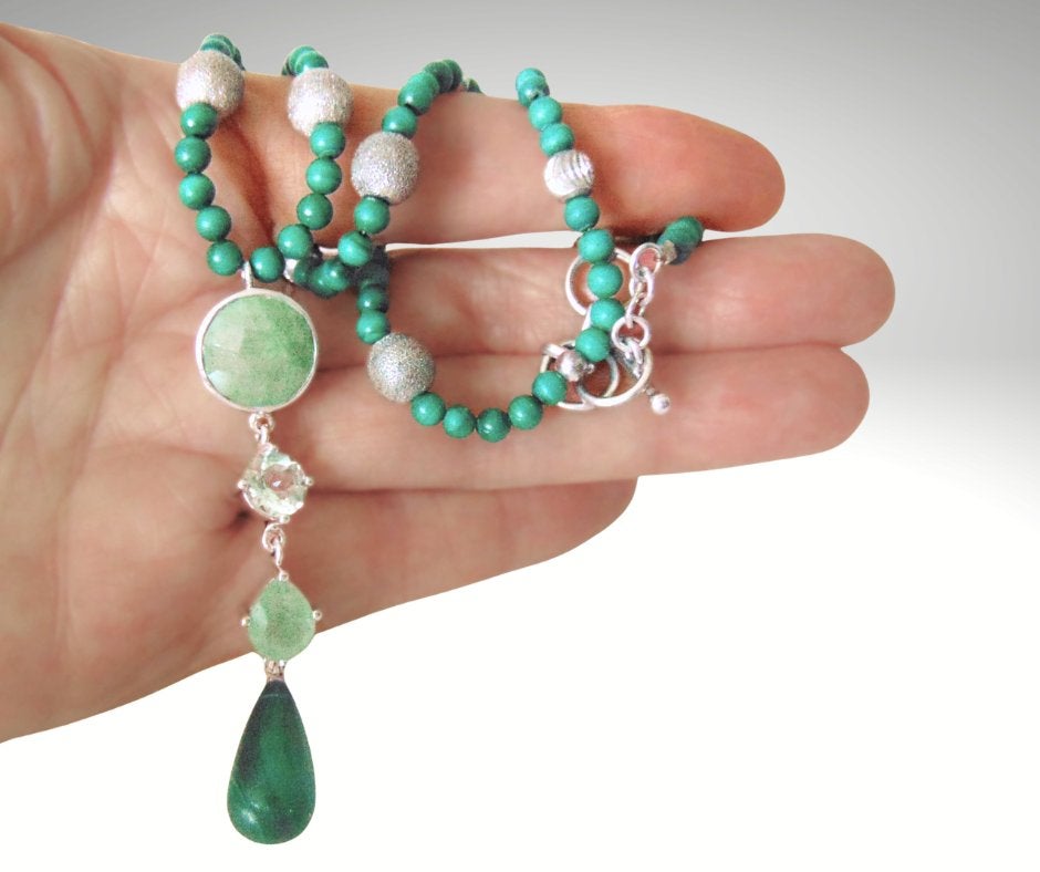 Prachtige 925 zilver JADE en MALACHIET ketting!, Verzenden, Zo goed als nieuw, X, Groen