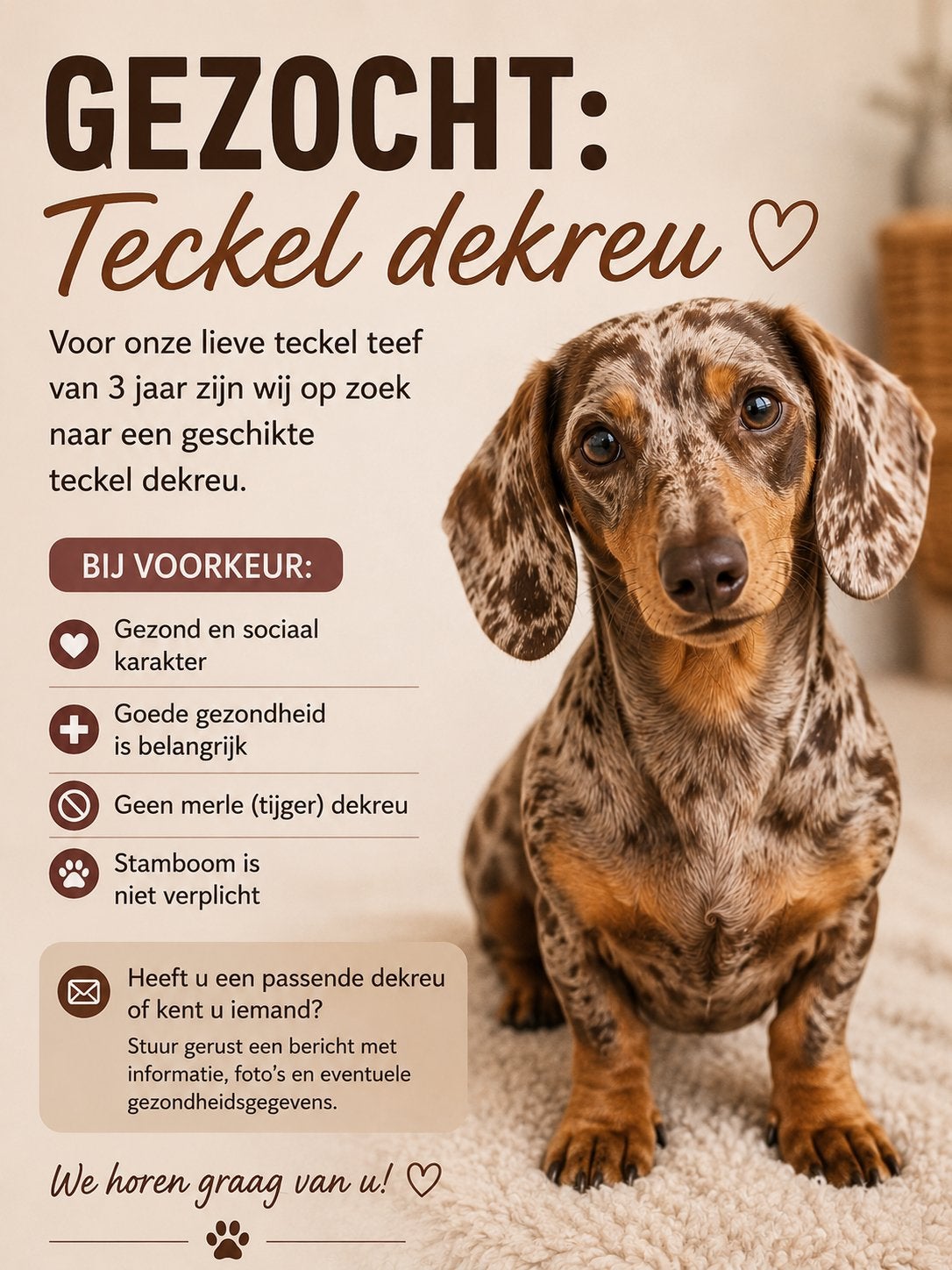 Gezocht: Teckel dekreu (geen merle), Standaard, Reu, Korthaar, Parvo
