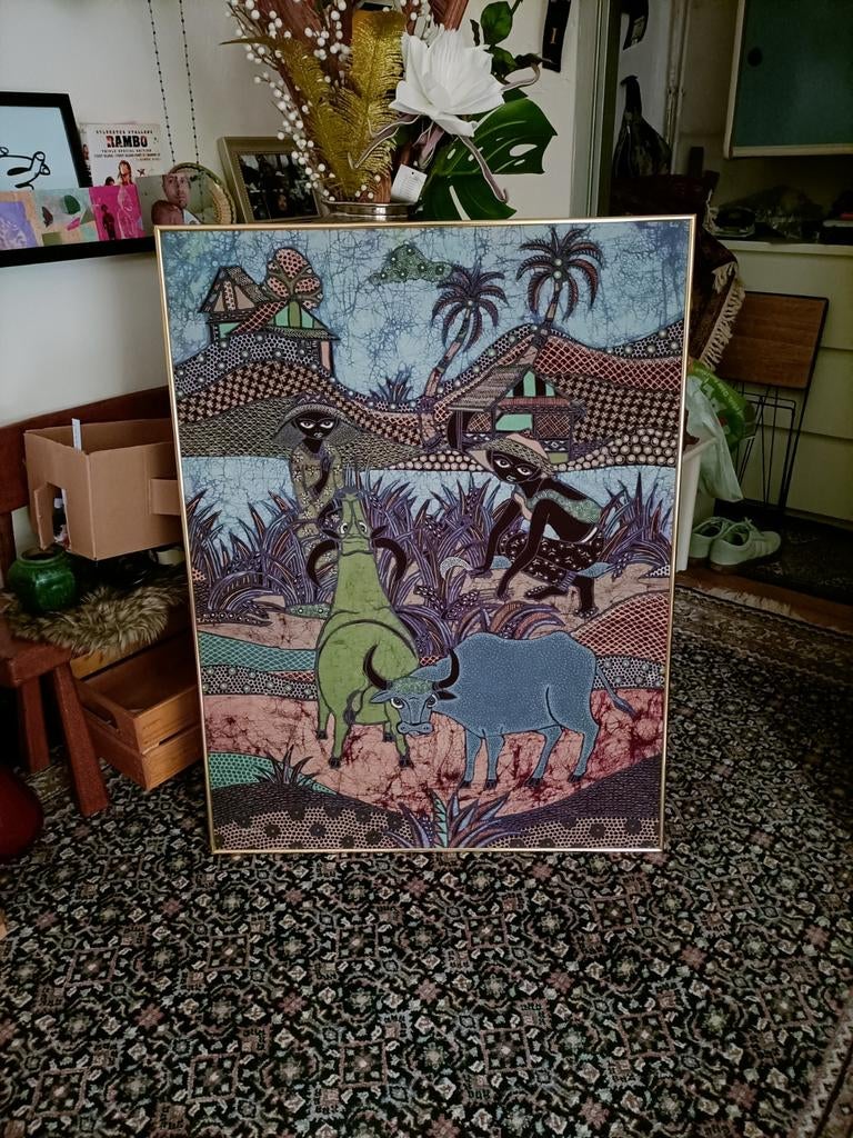 Indische Batik Schilderij: Aziatisch Dorpsleven met Buffels, Ophalen