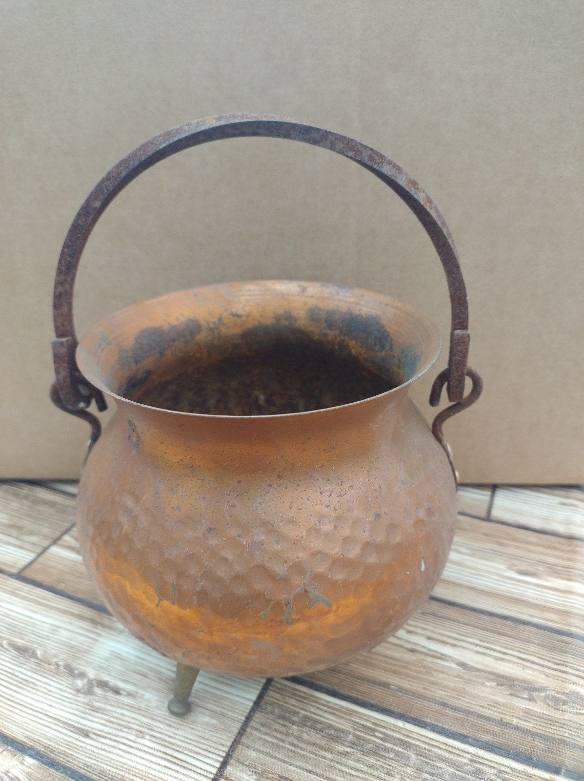 Antieke koper kleurige pot met handvat, 12,5 cm diameter, Antiek en Kunst, Ophalen of Verzenden, Koper