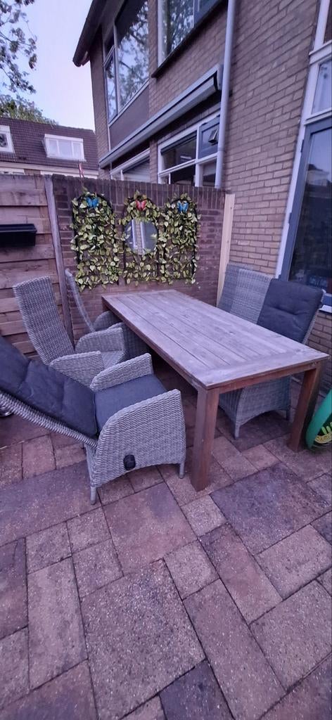 Rhino tuinset met houten tafel en 6 (lig)stoelen, Gebruikt, 3 zitplaatsen, Ophalen of Verzenden, Wicker