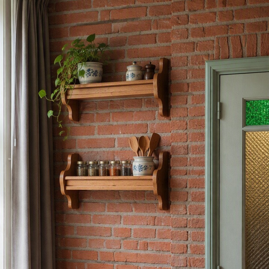 2x Vintage Houten kruidenrek / wandplank - Eikenhout, Ophalen, Gebruikt