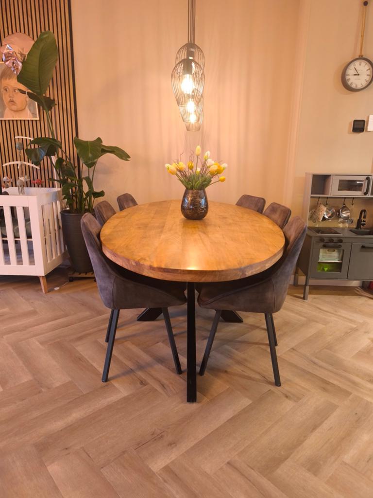 Mangohouten eettafel met 6 eetkamerstoelen, Ophalen, 100 tot 150 cm, 200 cm of meer, Zo goed als nieuw