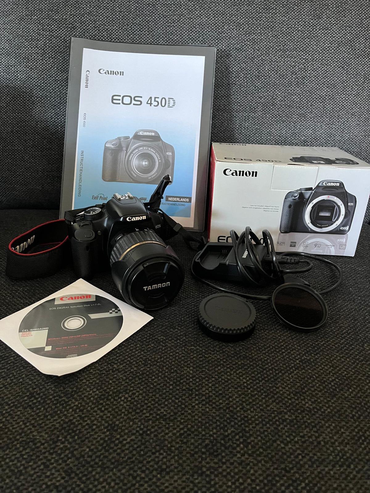 Canon EOS 450D Tamron 18-200mm doos accessoires complete set, Ophalen, Zo goed als nieuw, Canon, 8 keer of meer
