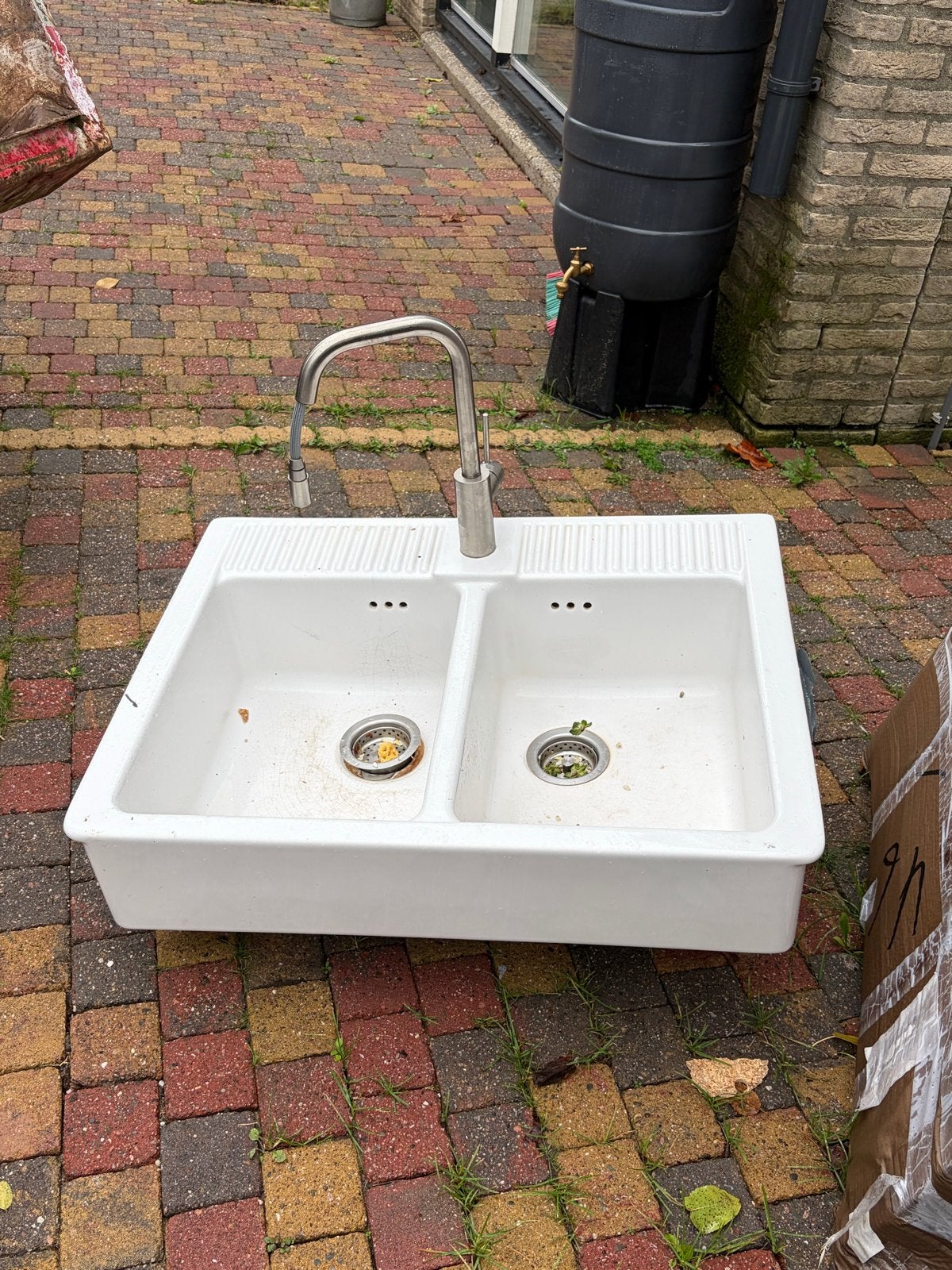 dubbele spoelbak met ikea SALLSJÖN uittrekbare kraan, Ophalen, Gebruikt, Wit, IKEA