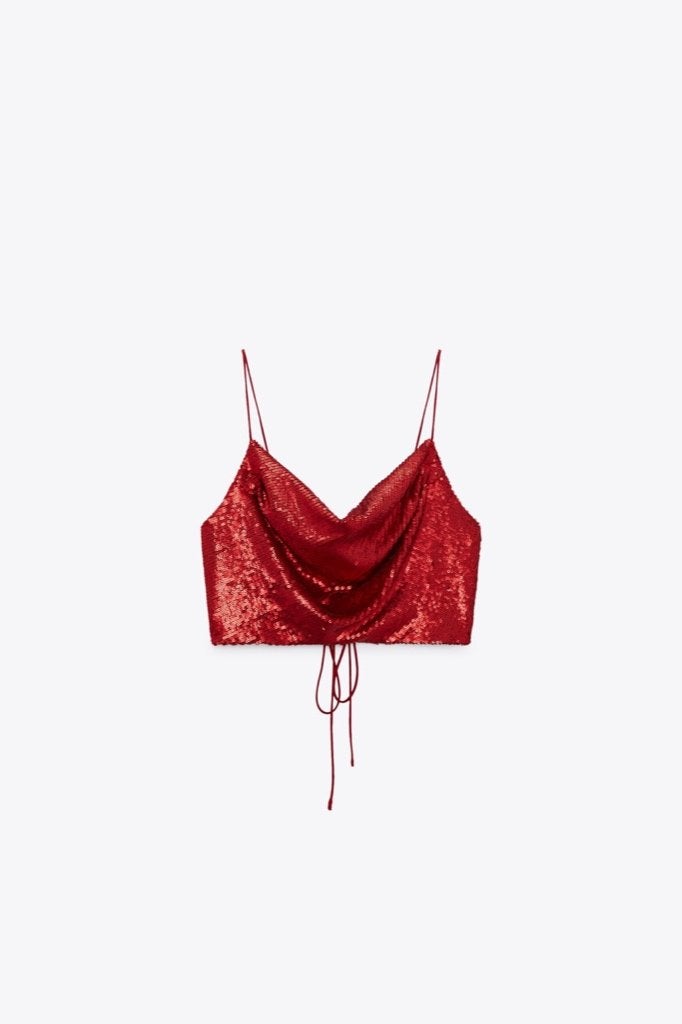 Dames Zara cropped crop top lovertjes rood open rug kerst XS, Ophalen of Verzenden, Zo goed als nieuw, Zonder mouw, Maat 34 (XS) of kleiner