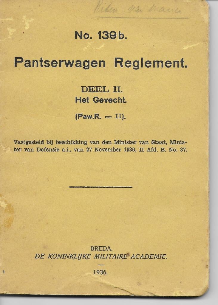 Pantserwagen Reglement, Deel II, Het Gevecht, 1936, Verzamelen, Verzenden, Nederland, Boek of Tijdschrift