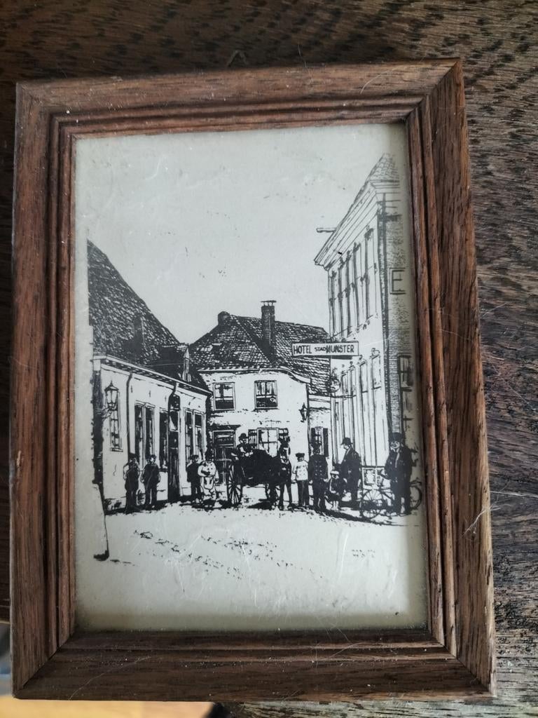 Vintage prent 'Hotel van Munster'Winterswijk in houten lijst, Antiek en Kunst, Ophalen of Verzenden