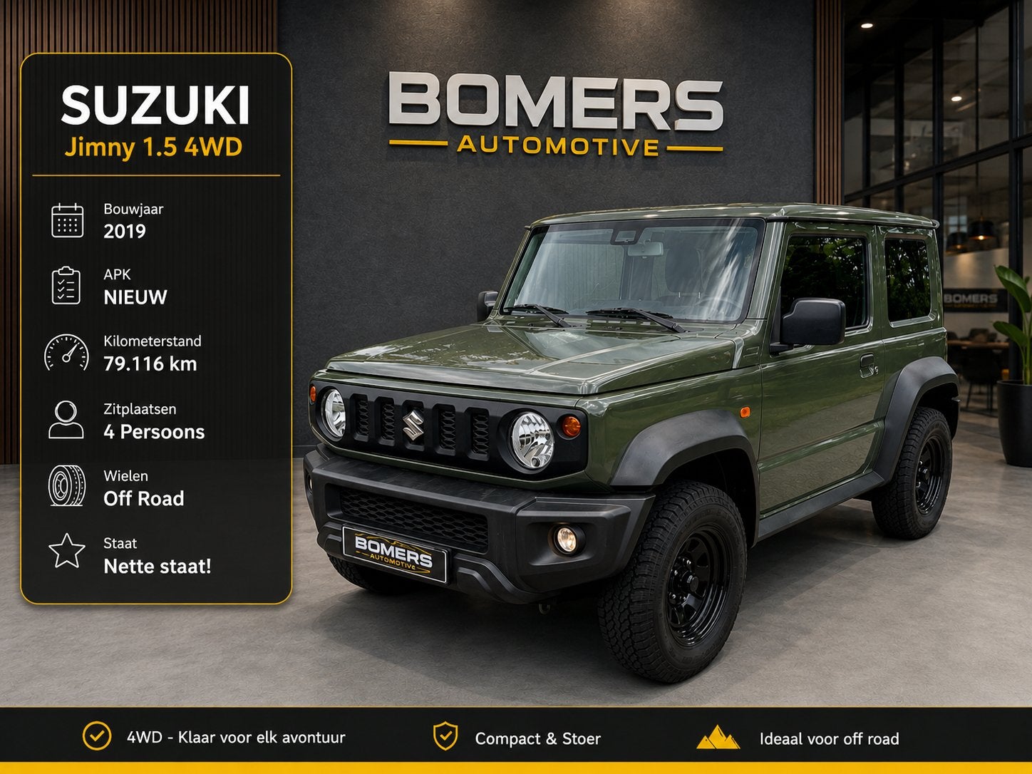 Goedkoopste Van NL 2x Suzuki Jimny 1.5 4x4 Off-Road Groen, Auto's, Stof, 4 cilinders, 102 pk, Stoelverwarming