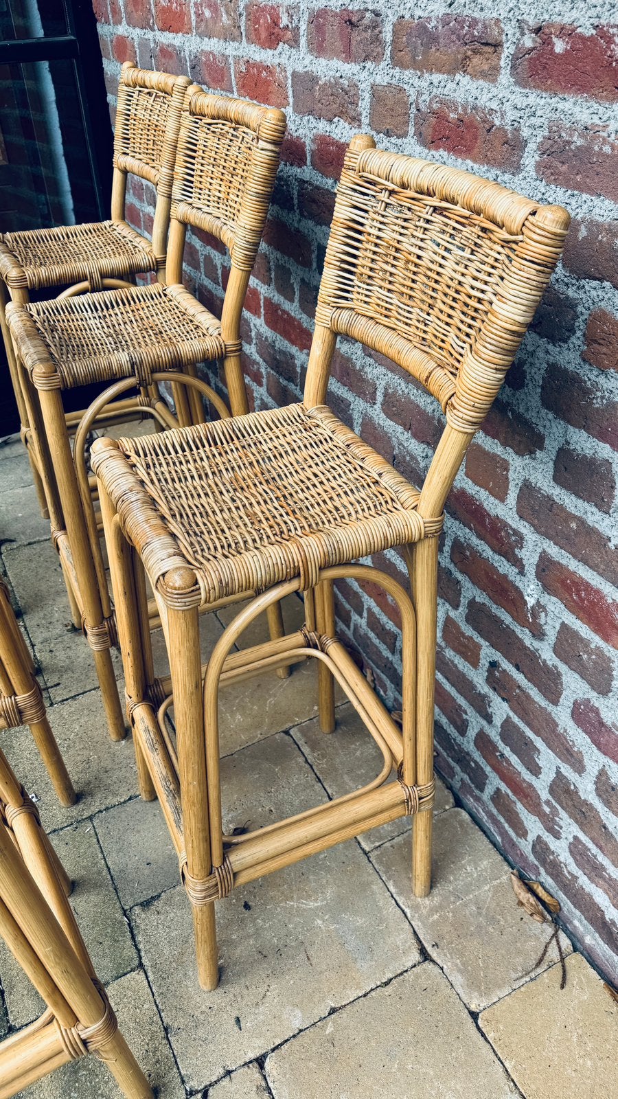 6x barkruk van bamboe en riet, Huis en Inrichting, Ophalen, Met voetsteun, Hout, 60 tot 90 cm