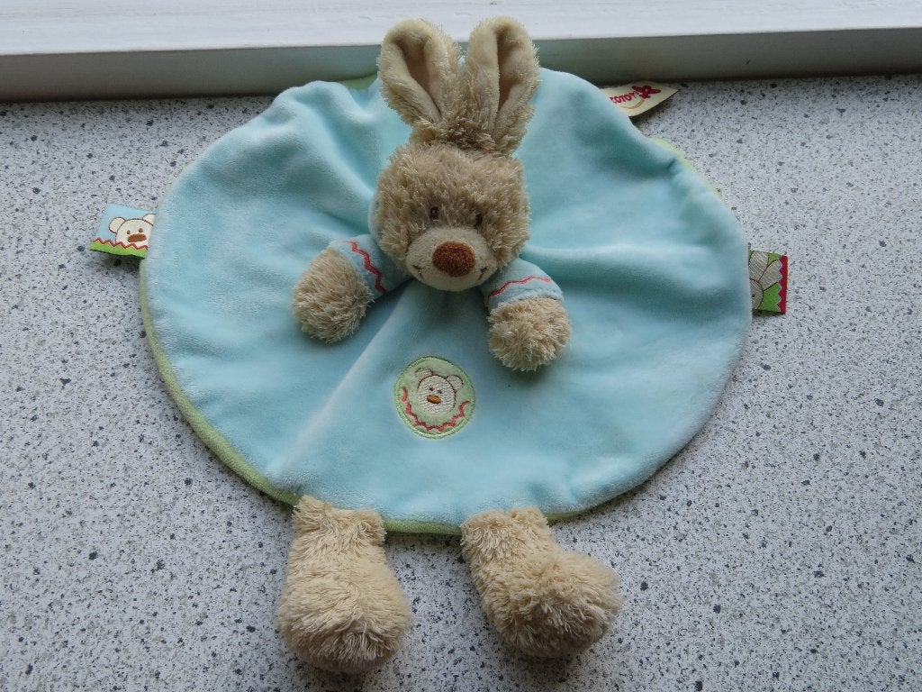 Knuffeldoek konijn konijntje merk Nicotoy blauw groen, Konijn, Ophalen of Verzenden, Nicotoy, Met label