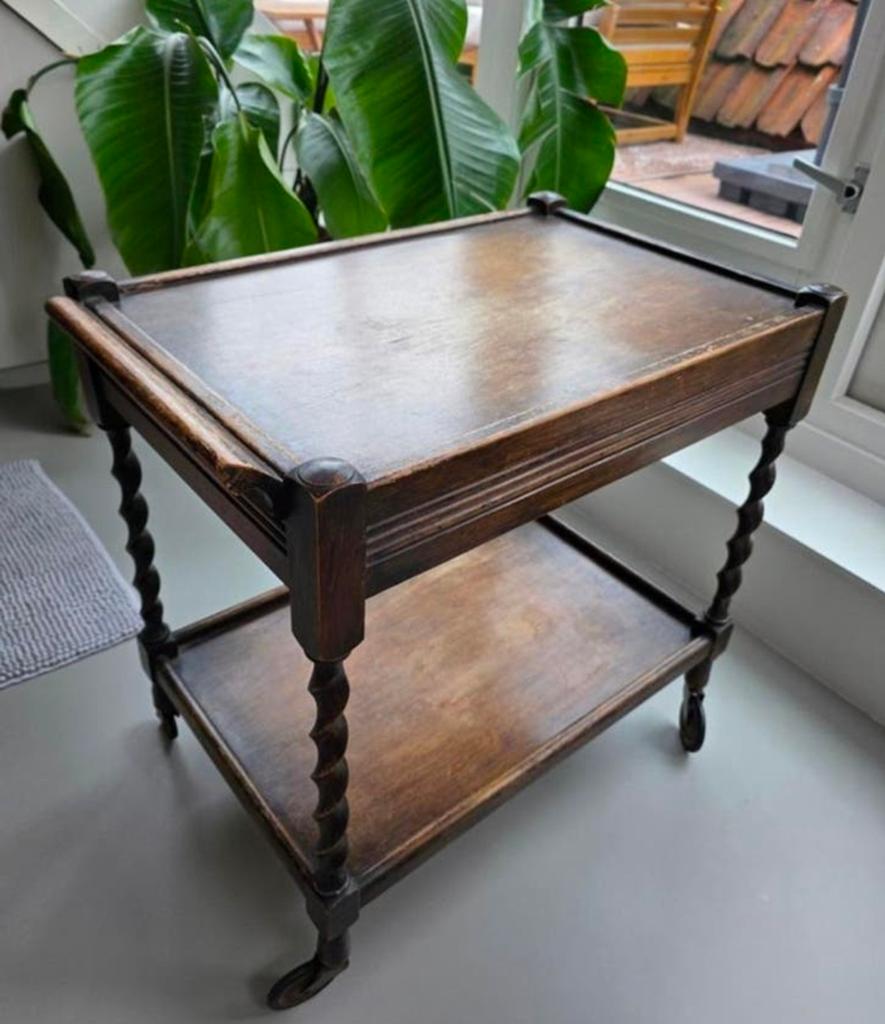 Vintage houten serveertrolley / theewagen met barley twist, Antiek en Kunst, Ophalen