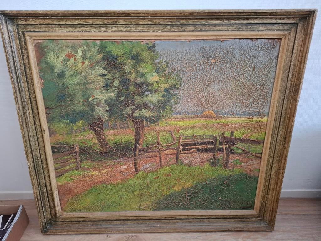 Oud schilderij met landschap en bomen, Antiek en Kunst, Kunst | Schilderijen | Klassiek, Ophalen