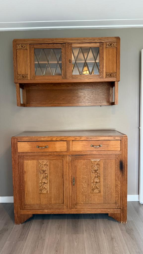 Antiek houten kast met glas in lood deurtjes, Antiek en Kunst, Ophalen