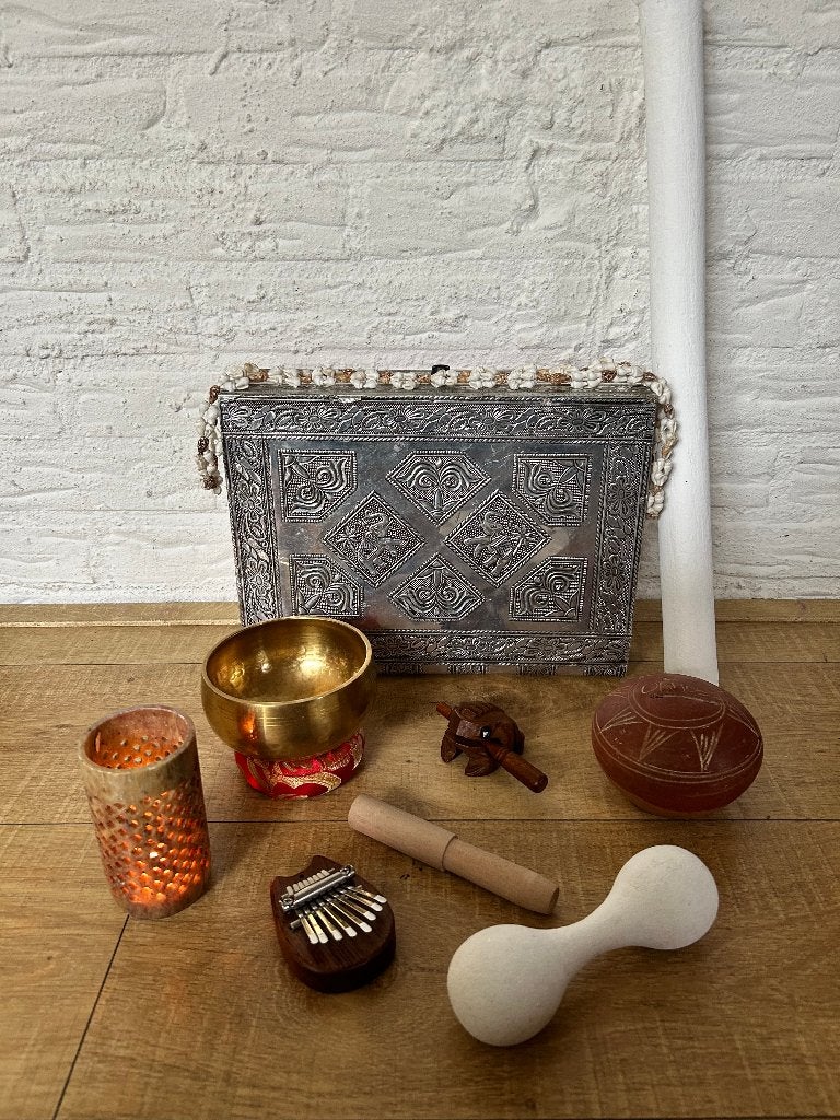 klankschalen set klankschaal rainmaker kalimba schelpen, Ophalen of Verzenden, Zo goed als nieuw, Melodische percussie