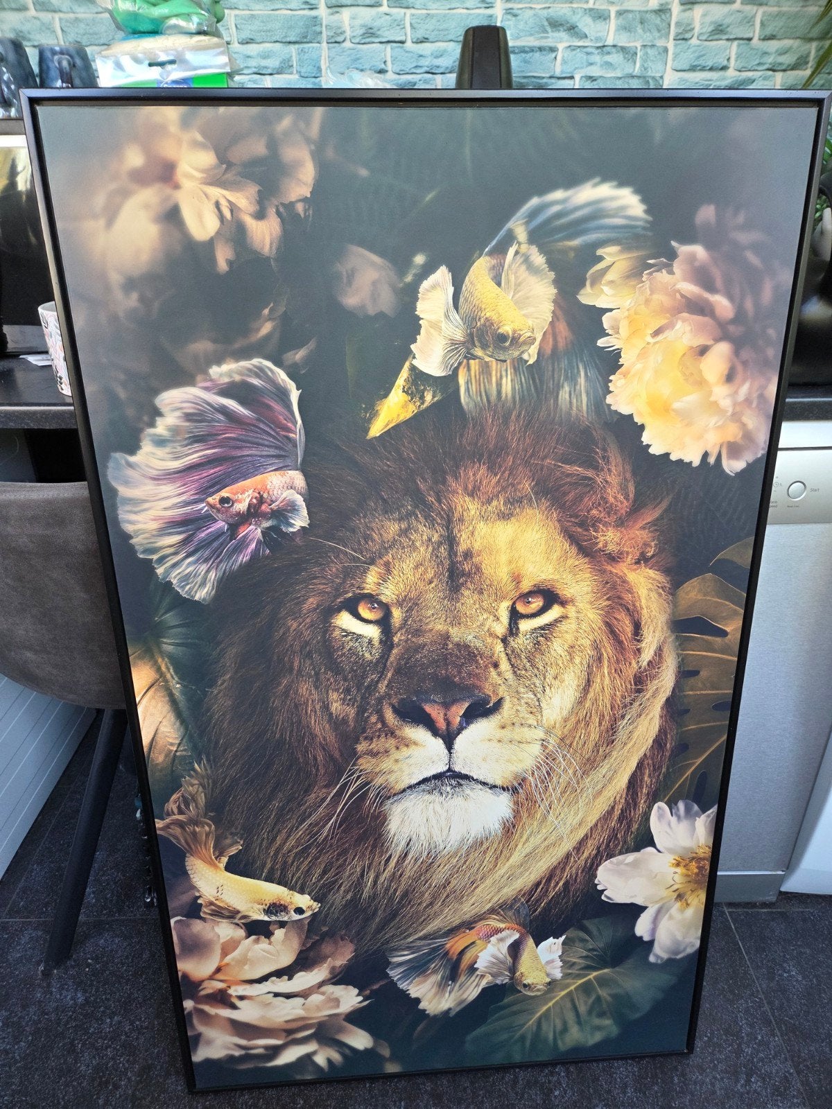 Canvas schilderij Hert en Leeuw - 118x70cm, Ophalen, Nieuw, Schilderij, 75 – 100