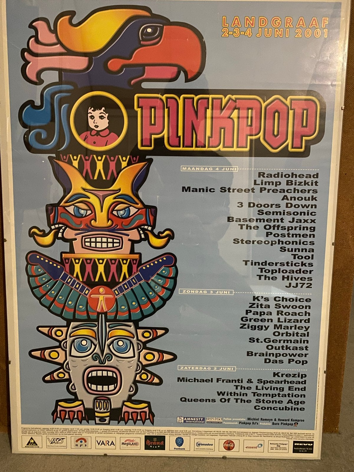 Pinkpop 2001 poster ingelijst achter glas, Ophalen, Met lijst, A1 t/m A3, Muziek
