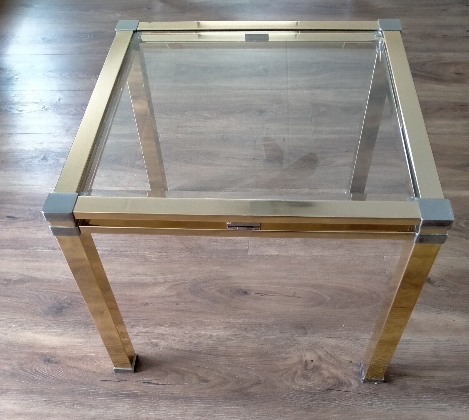 Bijzettafel,  goudkleurig met rvs hoeken, glasplaat, 60x60, Gebruikt, Vierkant, 55 tot 75 cm, Ophalen