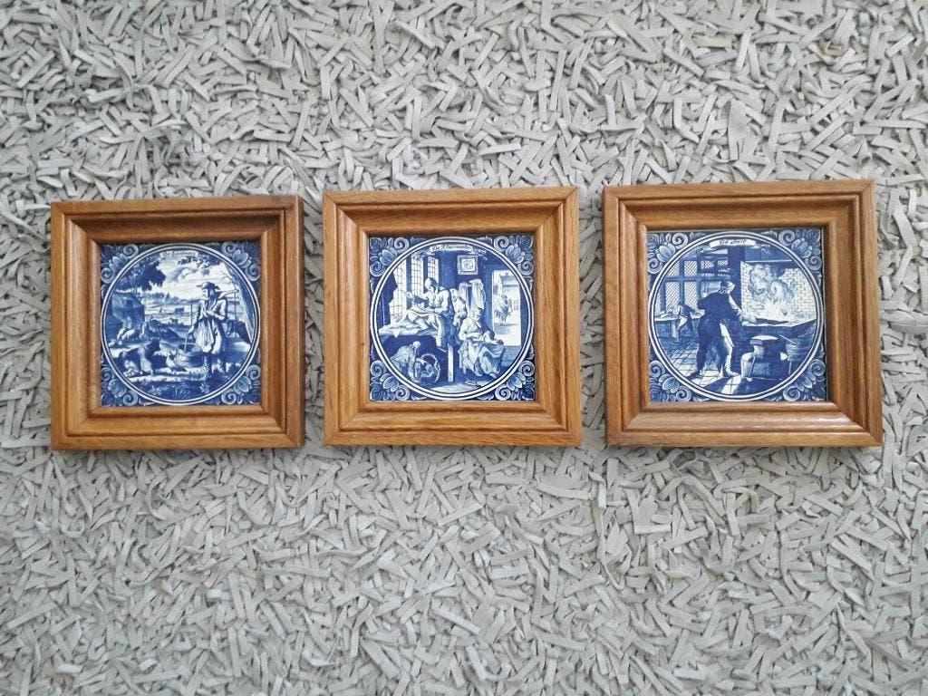 3 antieke 'delfts blauw' schilderijtjes 21cmx21cm, Ophalen of Verzenden