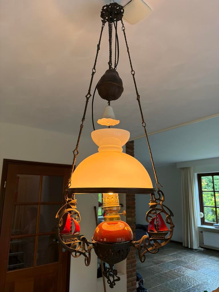 Antieke olielamp hanglamp met scheepjes decoratie, Antiek en Kunst, Ophalen of Verzenden