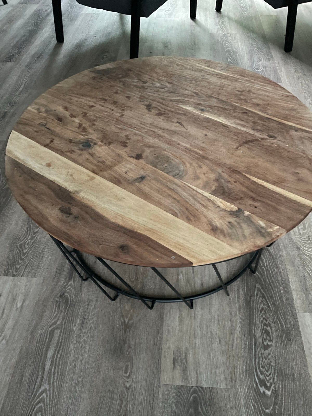 Ronde salontafel met mangohouten blad en metalen frame, Gebruikt, Rond, Overige houtsoorten, 50 tot 100 cm