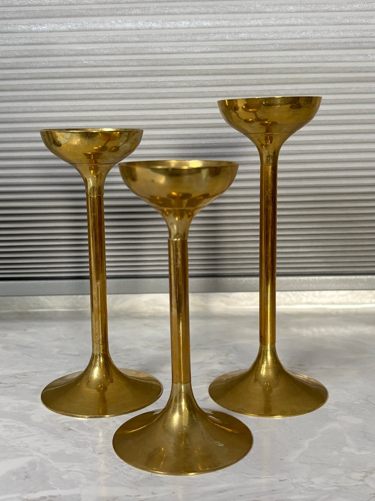 Set van 3 messing kandelaars, Ophalen of Verzenden, Koper of Brons