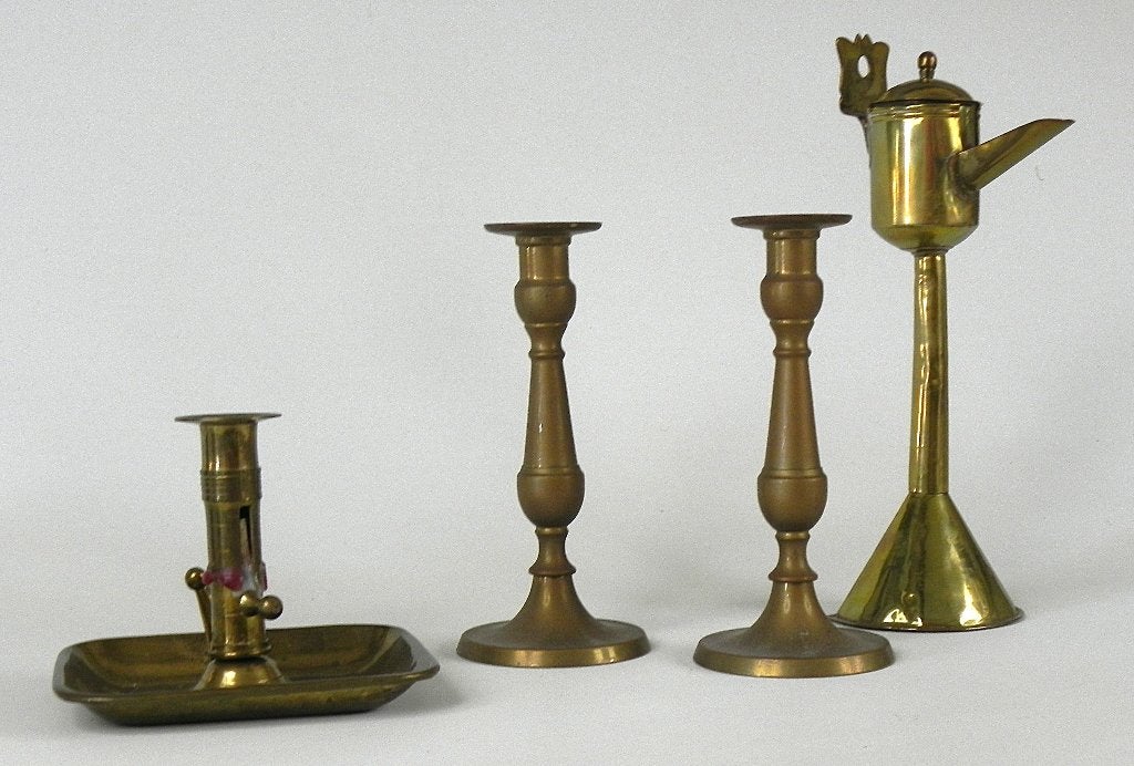 3 messing kandelaren en koperen snotneus., Ophalen of Verzenden, Koper of Brons