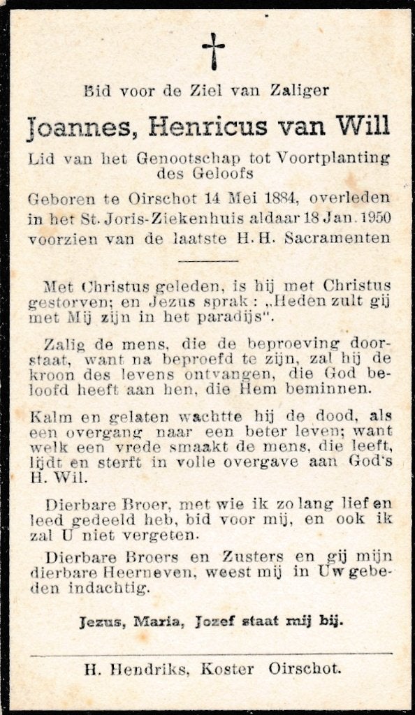 Will Joannes 1884 Oirschot 1950, Ophalen of Verzenden, Bidprentje