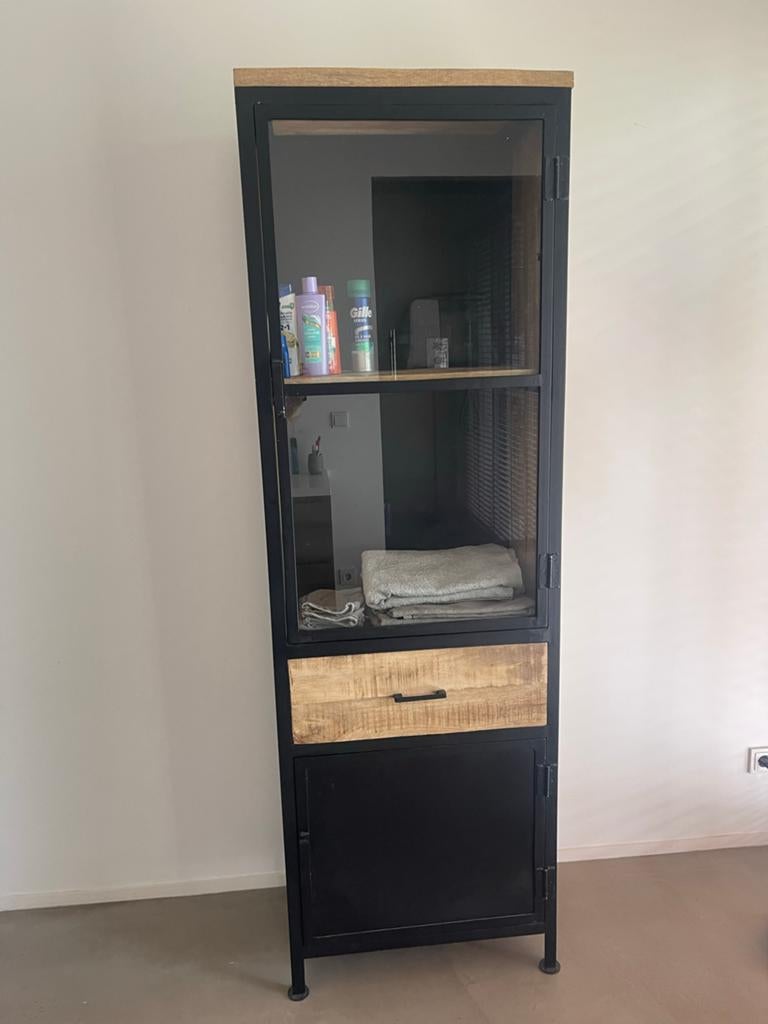 Industriële Kast met Glas en Lades - Zwart/Hout, Huis en Inrichting, Ophalen, Gebruikt