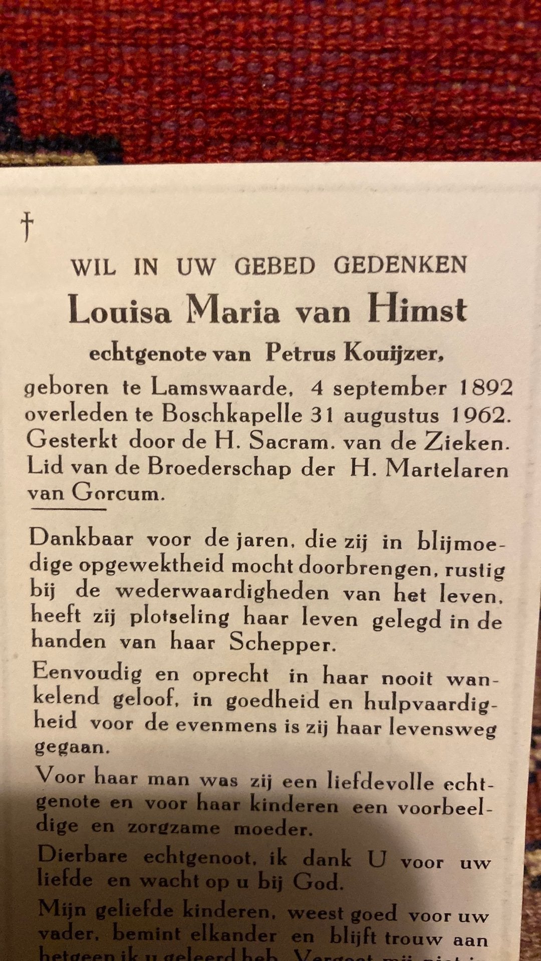 LM Kouijzer - van Himst 1892 Lamswaarde 1962 Boschkapelle, Ophalen of Verzenden