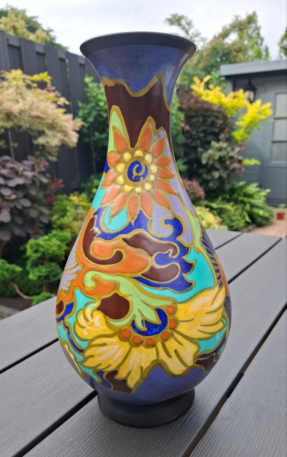 Zeldzaam mooie Gouda plateel Decor Breetvelt vaas, Ophalen of Verzenden