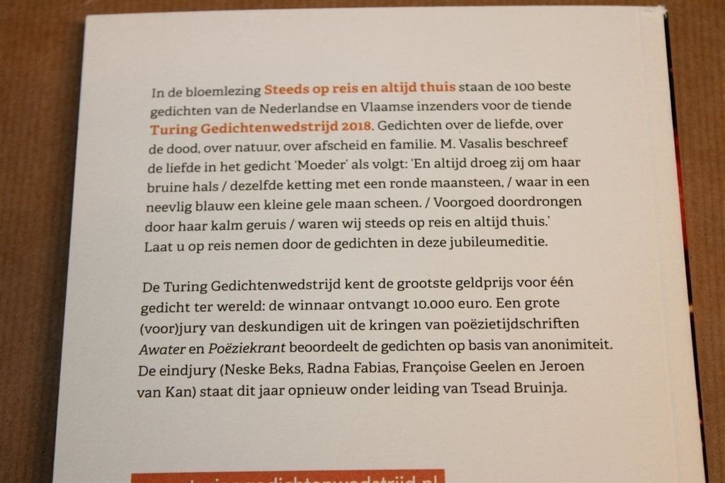 Steeds op Reis en Altijd Thuis — Turing Gedichten 2018, Ophalen of Verzenden, Zo goed als nieuw