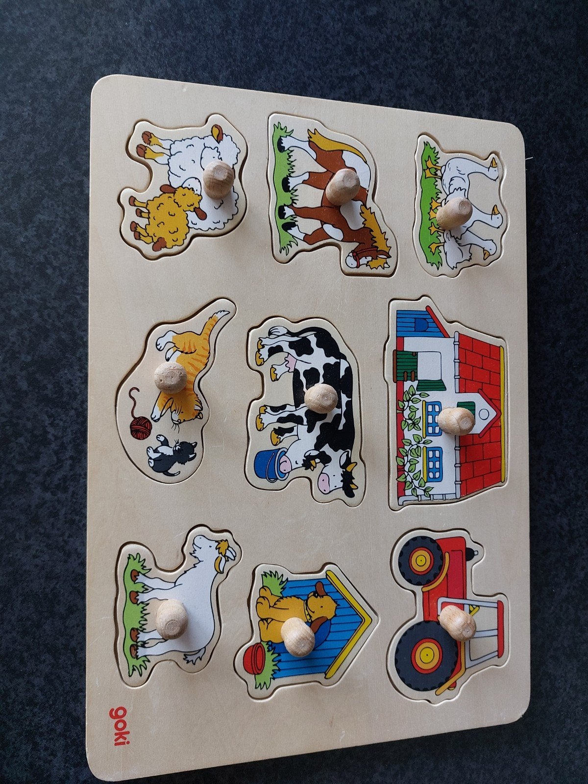 Goki Boerderij Puzzel met Dieren en Voertuigen, Ophalen of Verzenden, Minder dan 10 stukjes, 6 maanden tot 2 jaar, Van hout