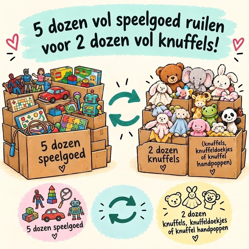5 dozen vol speelgoed ruilen voor 2 dozen vol knuffels, Ophalen
