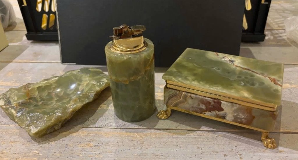 Vintage Onyx groenstenen aansteker, asbak en sigarendoos, Ophalen of Verzenden