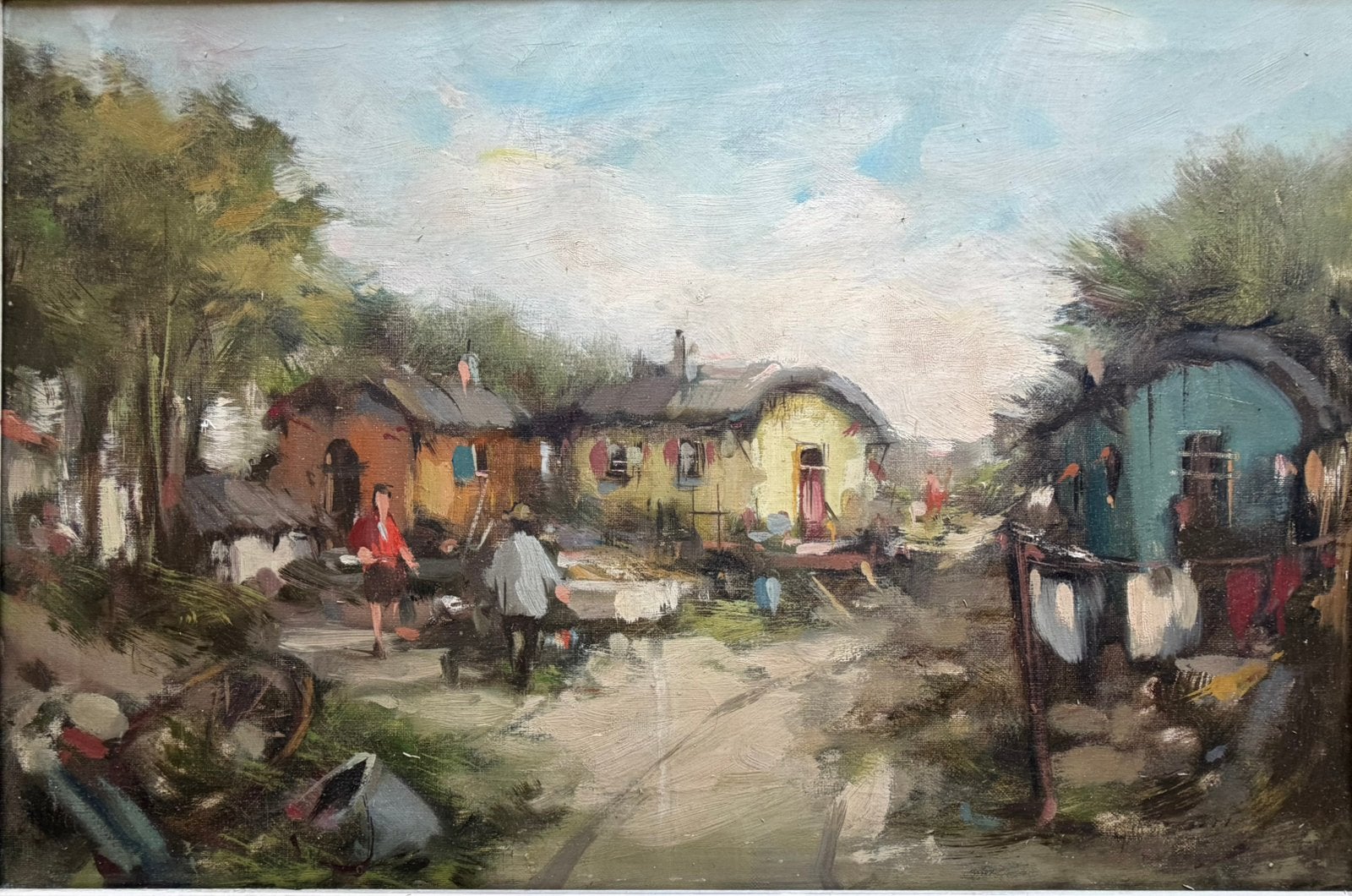 Woonwagens, Ophalen, Doek, Impressionistisch, Olieverf