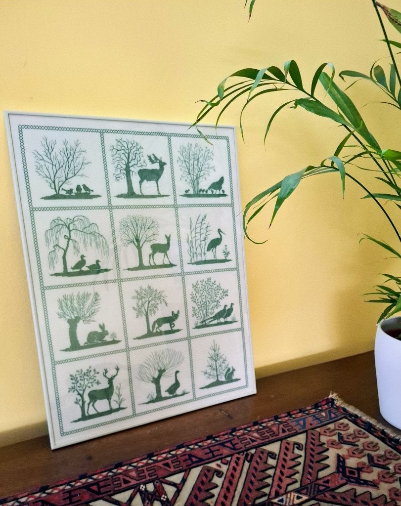 Vintage mooie ingelijste handgemaakt embroidery, groen, Antiek en Kunst, Antiek | Kleden en Textiel, Ophalen
